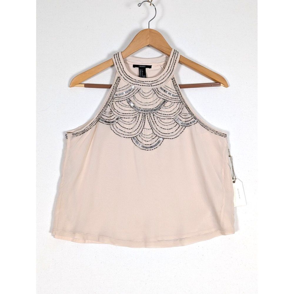Forever 21 Sleeveless Halter Top Women S‎ Soft Pink Peach Beaded Lined Tank NWT